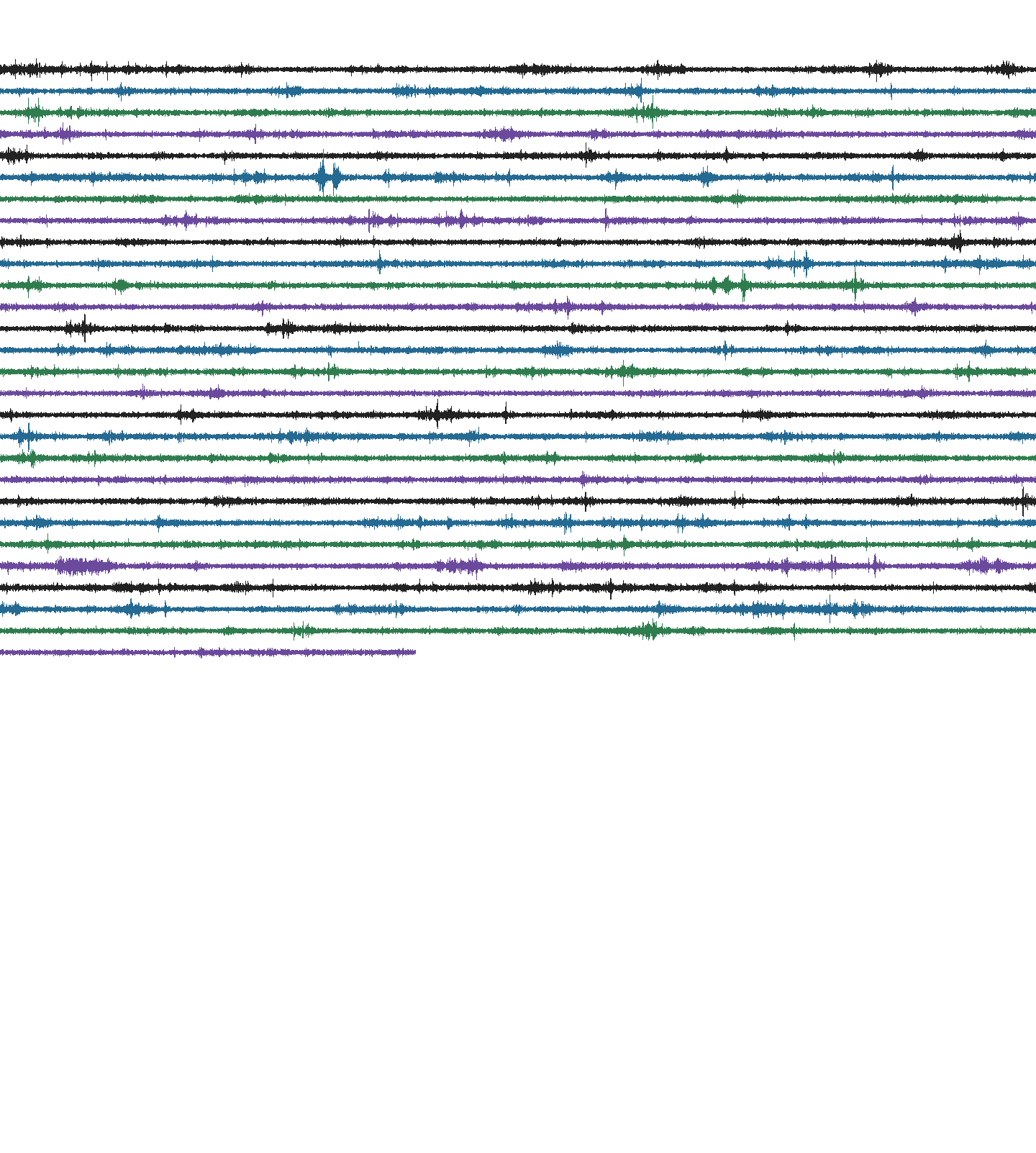 Heliograph from this station's seismograph:
                         one trace every fifteen minutes, half a day