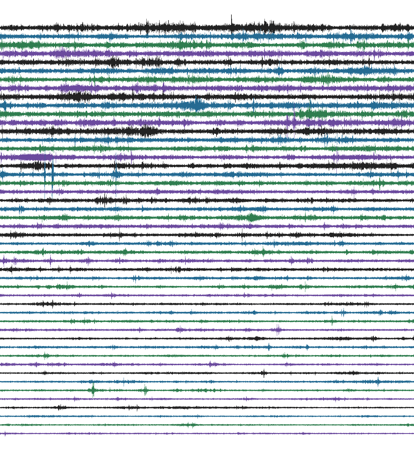Heliograph from this station's seismograph:
                         one trace every fifteen minutes, half a day