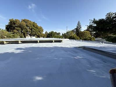 The finished pale gray foam surface running to the parapet under a blue sky.
