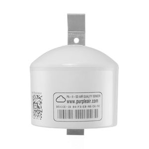 A PurpleAir PA-II-SD sensor: a white cylindrical housing with the purpleair.com label and a device-ID sticker.