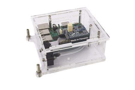 A Raspberry Boom infrasound sensor: a Raspberry Pi and pressure-sensor board in a clear acrylic case.